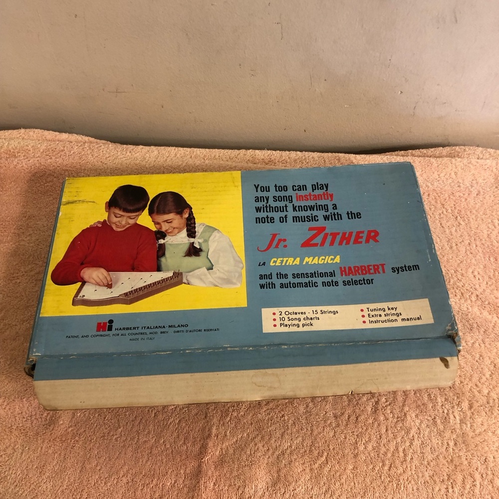Vintage Jr Zither With 20 Song Charts Tuning Key Missing 1 String Made in Italy